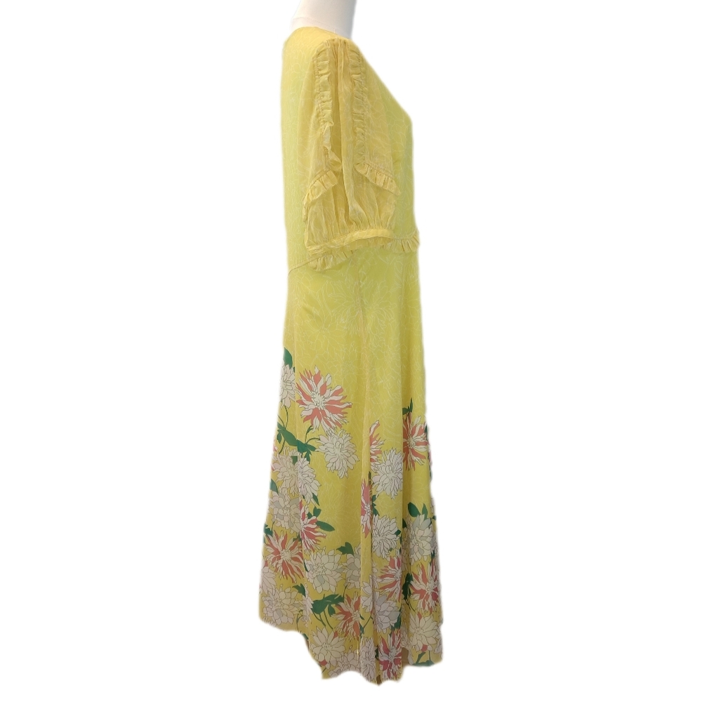 Ted Baker Puff Sleeve Floral Print Midi Tea Dress US Size 10 Ruffle Detail - Picture 3 of 10